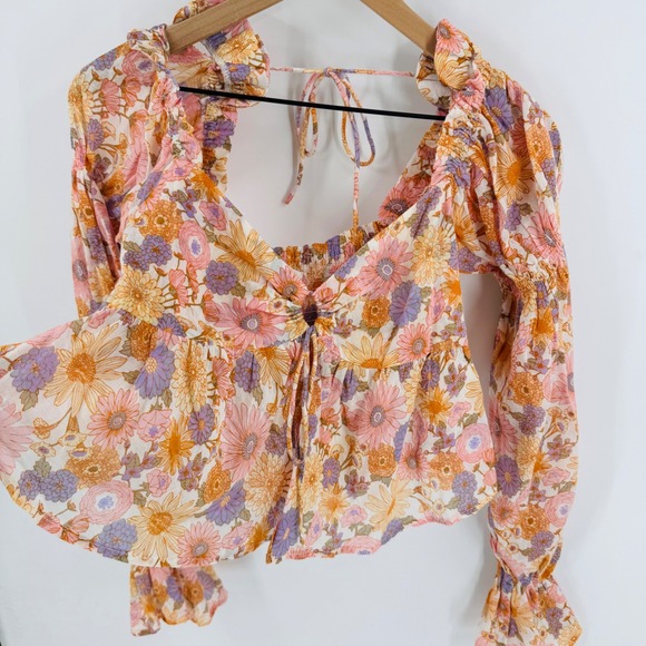 Tularosa Clemencey Floral Smocked Peplum Blouse Linen Blend Long Sleeve Size XS - Picture 5 of 7